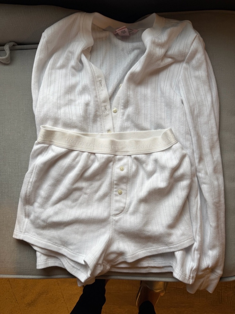 Cozy pointelle Victoria's Secret White Ribbed Lounge Short Set